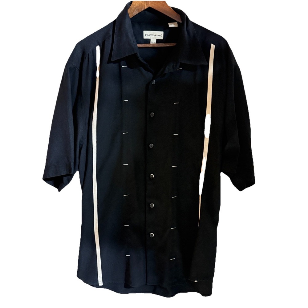 Pronto Uomo Men Button Up Shirt XXLarge Black Silk Bowler Short Sleeve